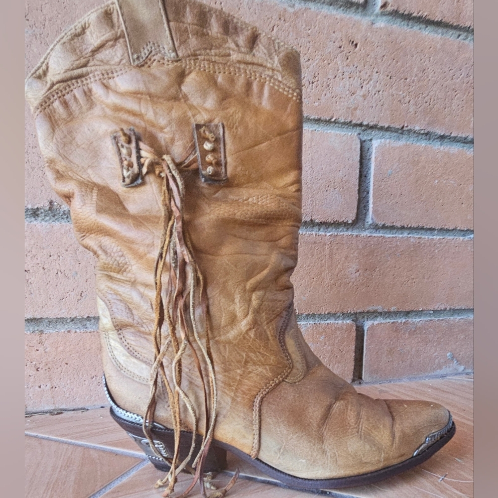 Vintage 70s Zodiac Cowboy Boots Distressed Leather Boho Western